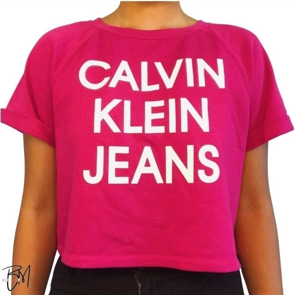 Calvin Klein Jeans Pink French Terry Short Sleeve Crop Top Logo Tee NWT - Picture 1 of 6